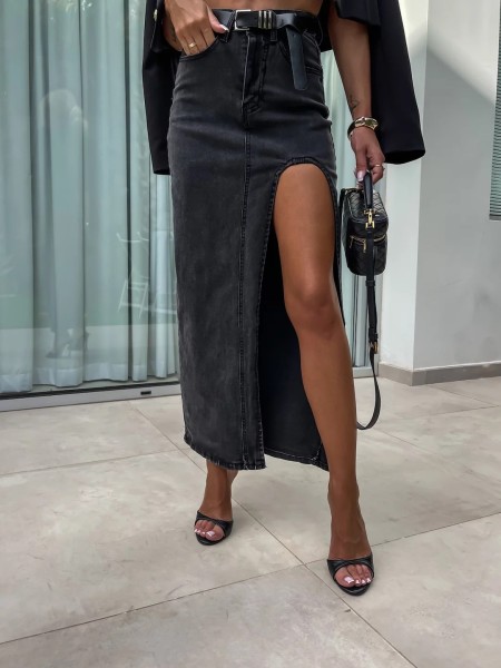 High waisted irregular slit denim half length skirt