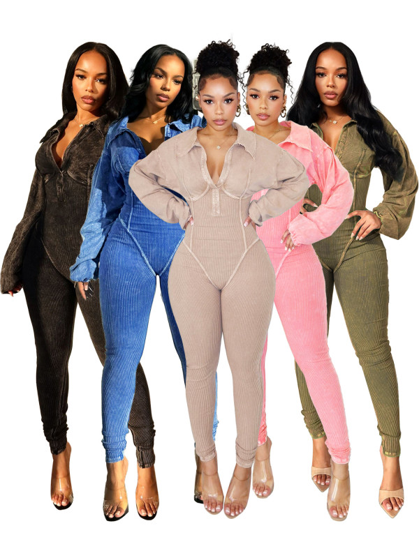 Deep V-tight long sleeved jumpsuit