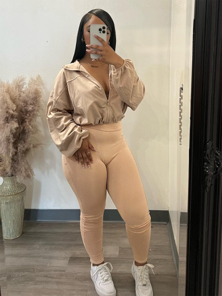 Zipper elastic buckle waist down shoulder sleeve two-piece set