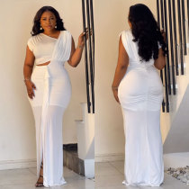 Wrinkled sloping shoulder hollow elastic hip hugging slit sleeveless dress