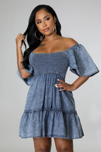 Hooded loose denim short sleeved dress