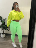 Zipper elastic buckle waist down shoulder sleeve two-piece set