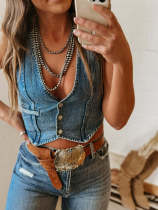 Women's sleeveless single breasted V-neck top denim vest