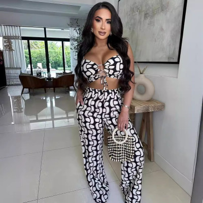 Printed strap hollow suspender wide leg pants two-piece set
