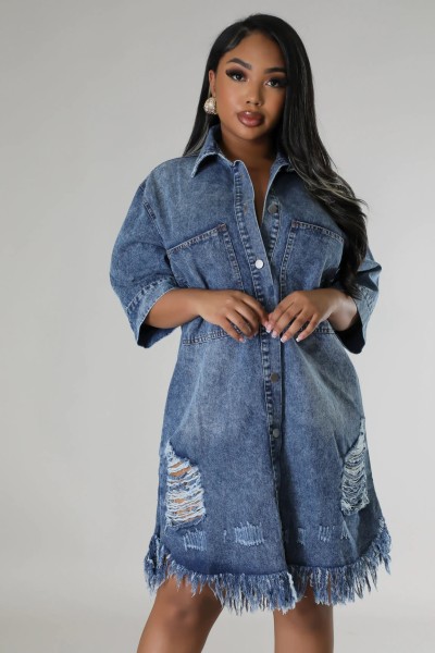 Washed loose short sleeved long dress with holes