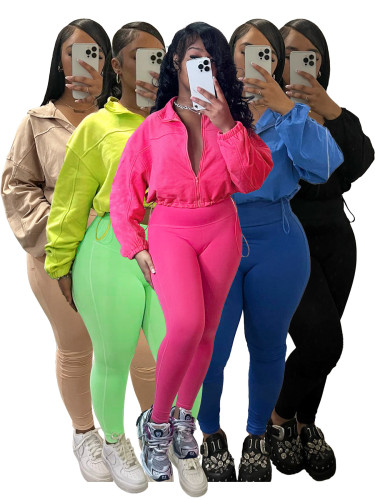 Zipper elastic buckle waist down shoulder sleeve two-piece set