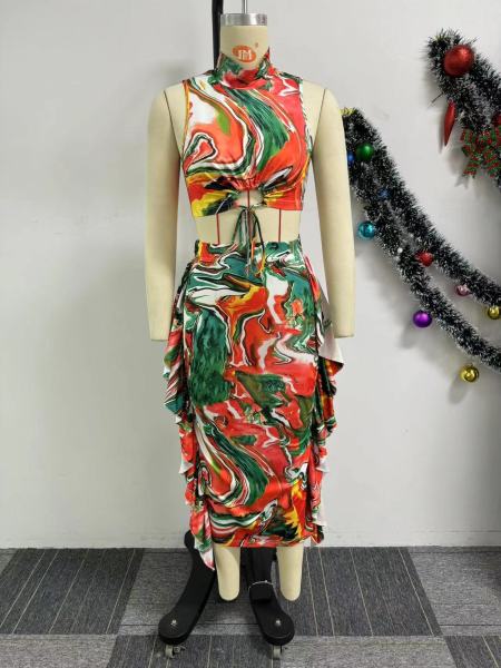Printed sleeveless headband tied mid length skirt two-piece set