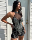 Hot stamping perspective backless hanging neck elastic jumpsuit