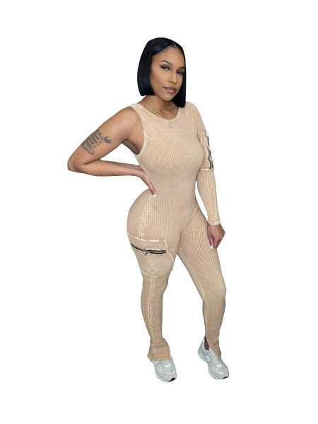 Elastic cotton thread large pocket single sleeve distressed tight jumpsuit