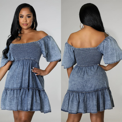 Hooded loose denim short sleeved dress