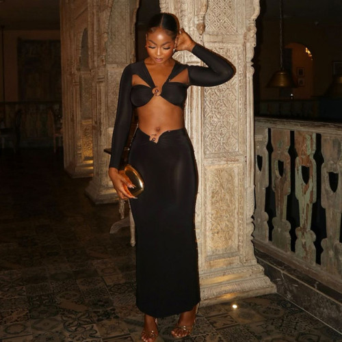 Long sleeved hollowed out crop top tight long skirt set