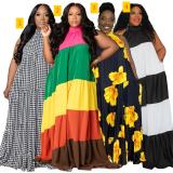 Large size women's spliced contrasting long hem dress