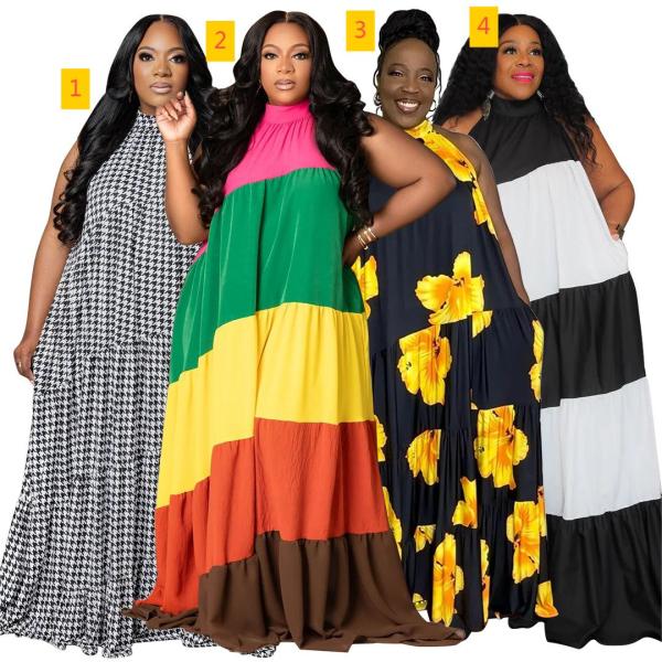 Large size women's spliced contrasting long hem dress