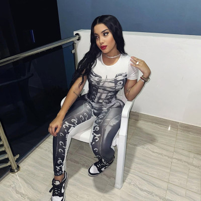 Printed round neck short sleeved tight jumpsuit