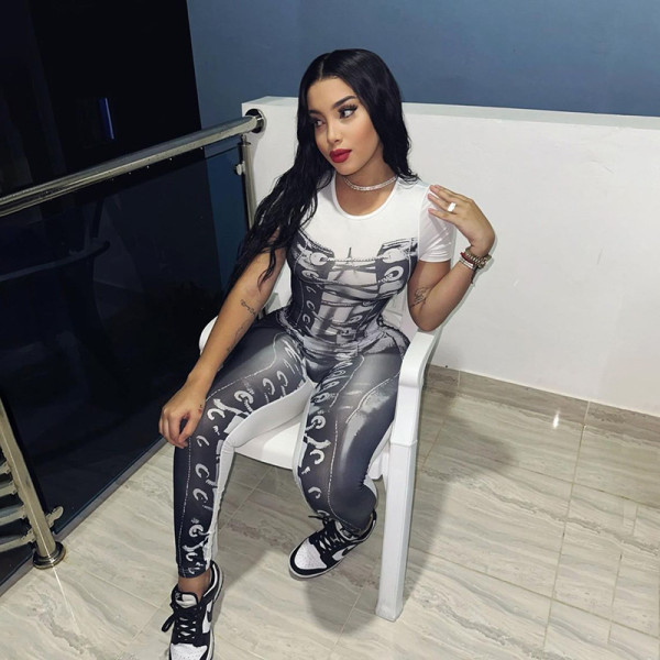 Printed round neck short sleeved tight jumpsuit