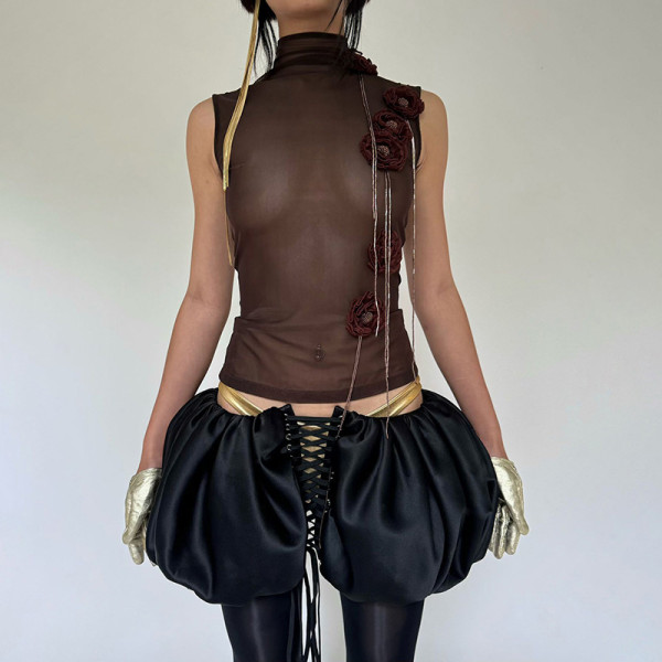 Strap up puffy skirt, half body ultra short skirt