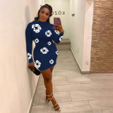 Round neck long sleeved floral print short high waisted dress