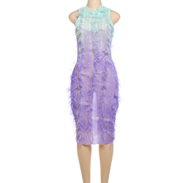 Half high neck sleeveless gradient tassel wrapped hip dress
