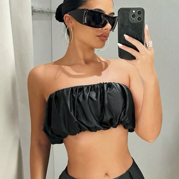 Short strapless top with pleats, hip hugging skirt, two-piece set