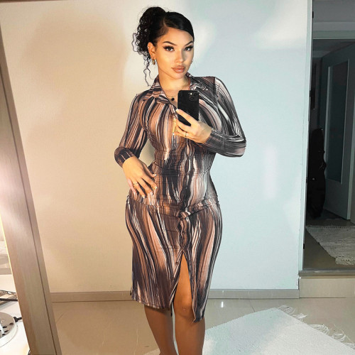Long sleeved lapel style mid length skirt