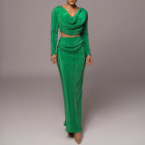 Long sleeved swing collar ribbed long skirt two-piece set