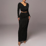 Long sleeved swing collar ribbed long skirt two-piece set