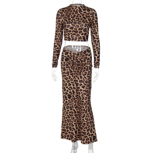 Leopard print elastic pleated skirt