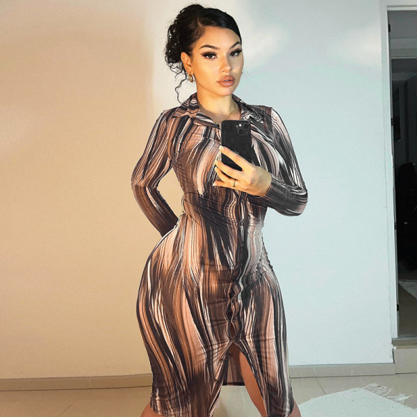 Long sleeved lapel style mid length skirt