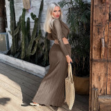 Long sleeved swing collar ribbed long skirt two-piece set