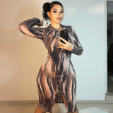 Long sleeved lapel style mid length skirt