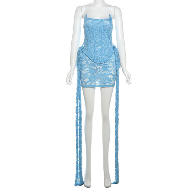 Strapless lace lace tied high waisted hip hugging dress