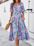 Printed slit V-neck long skirt