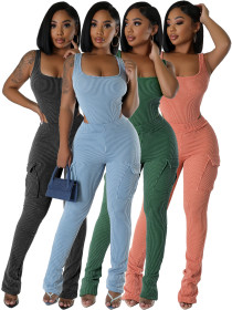 Elastic high waisted jumpsuit workwear pants set