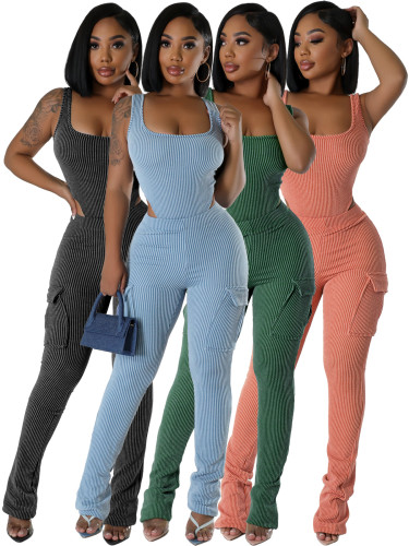 Elastic high waisted jumpsuit workwear pants set