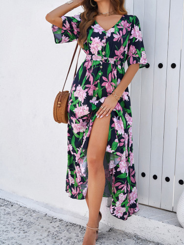 Printed slit V-neck long skirt