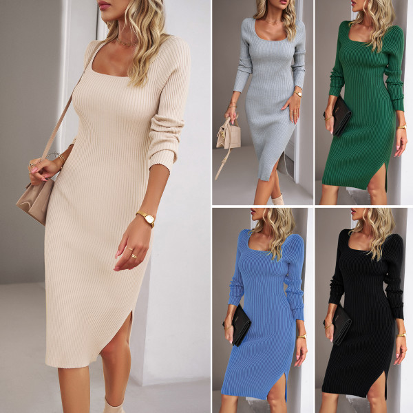 Square collar woolen dress