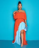 One shoulder pearl chiffon pleated patchwork long skirt