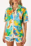 Printed ribbon short sleeved shirt shorts set