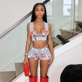 Newspaper printed vest and shorts set