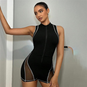 Round neck zipper sleeveless patchwork hip lifting jumpsuit