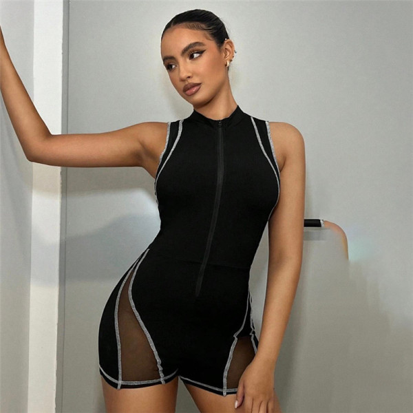 Round neck zipper sleeveless patchwork hip lifting jumpsuit