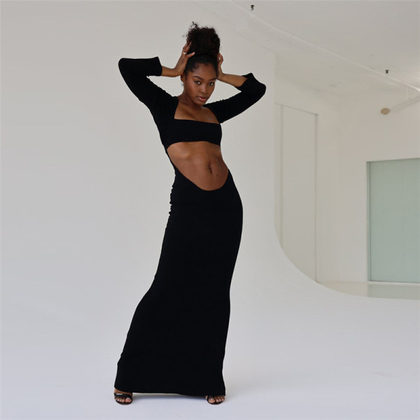 Hollow out strapless solid color hip hugging dress