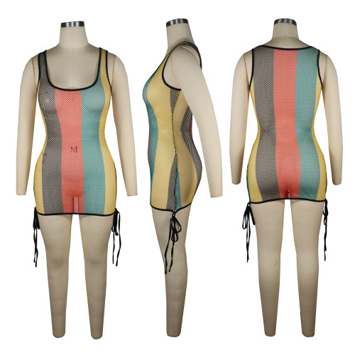 Hollow out perspective mesh beach cover shirt vest dress
