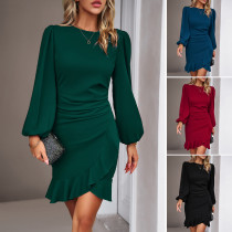 Bubble sleeve clean color dress Bubble sleeve clean color dress