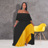 One shoulder pearl chiffon pleated patchwork long skirt