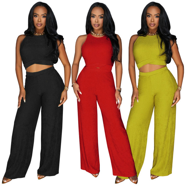 Short strap wide leg pants two-piece set