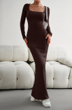 Square collar long sleeved knitted dress