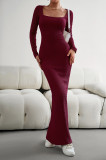 Square collar long sleeved knitted dress