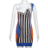 Slant shoulder color blocked striped knitted hip hugging dress