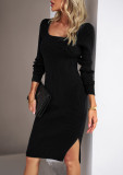 Square collar woolen dress
